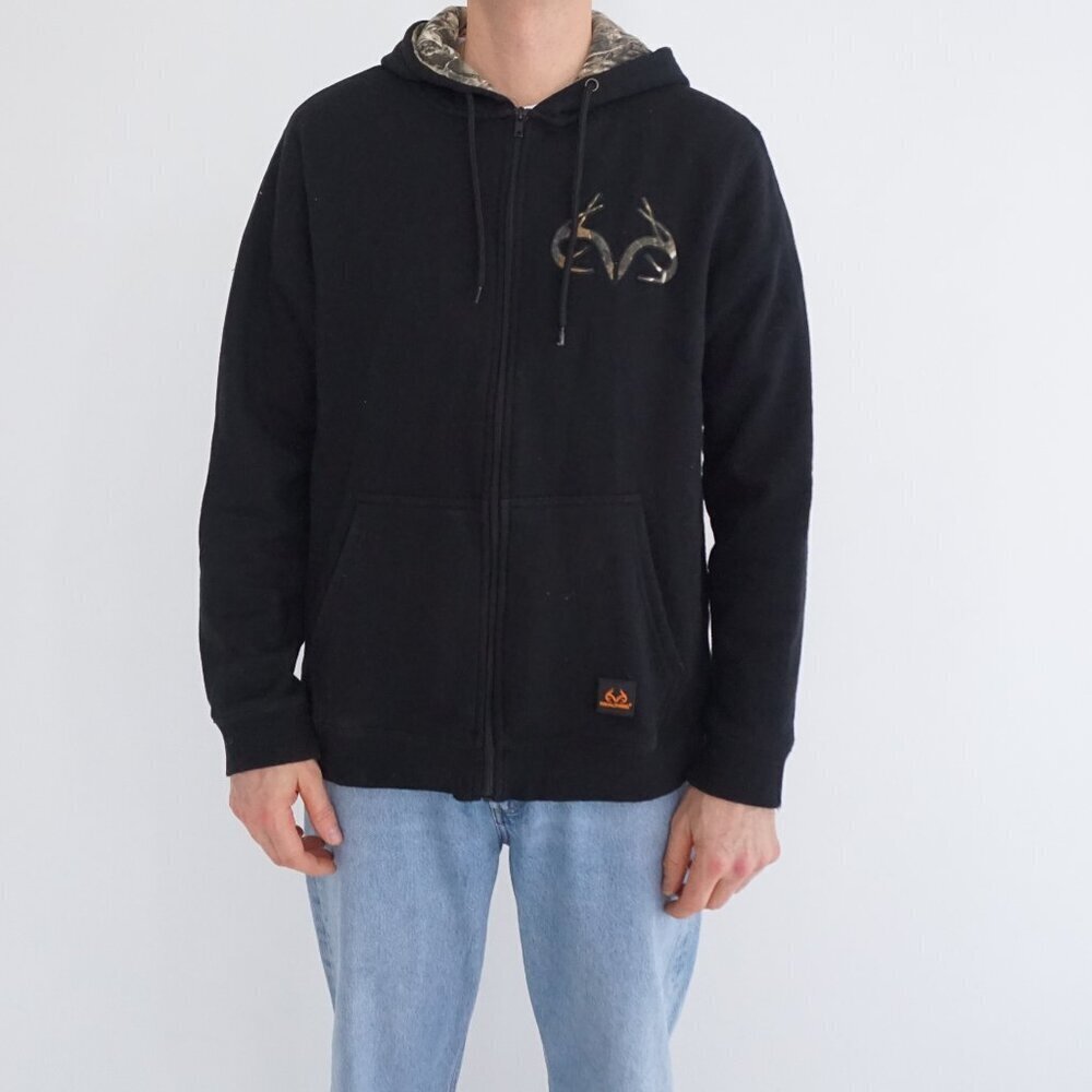 Realtree Black Camo Antler Logo Full Zip Hooded Sweatshirt Hunting Jacket L